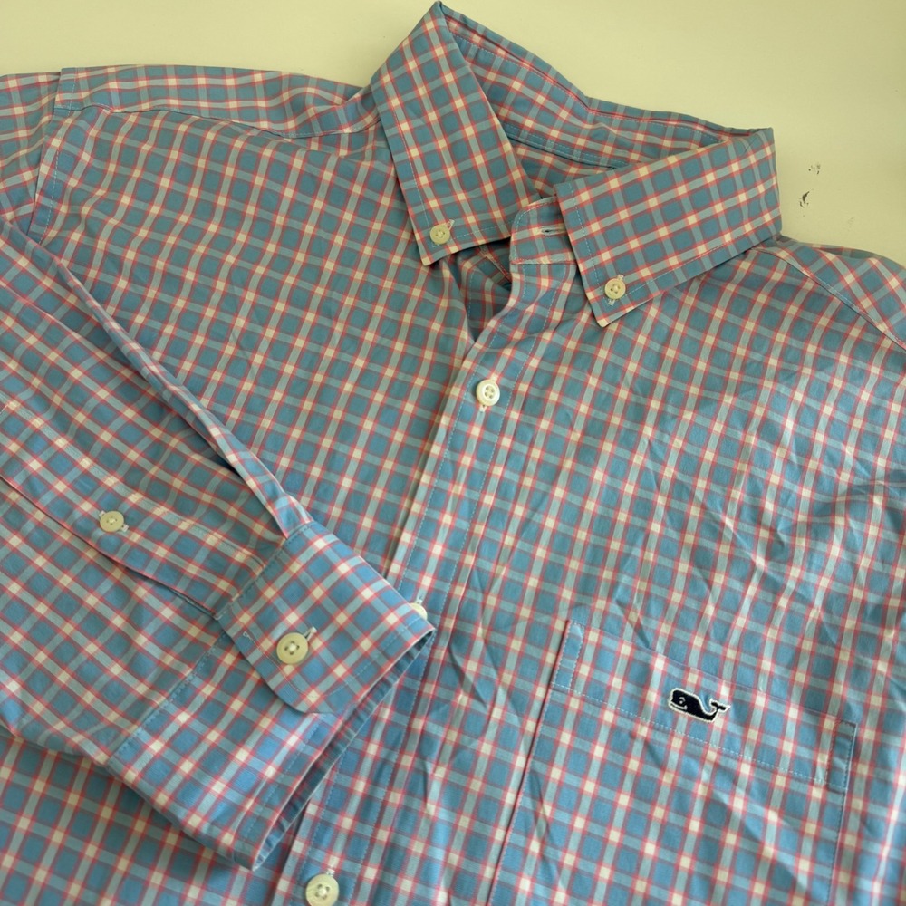 Vineyard Vines Classic Fit Tucker Shirt Blue Pink Plaid Long Sleeve Men's Medium